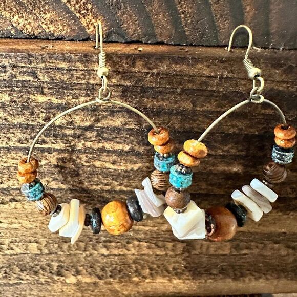 Handmade Western Hippie Copper Wire Natural Wooden Beads Drop Earrings, Gift Box - Picture 2 of 7